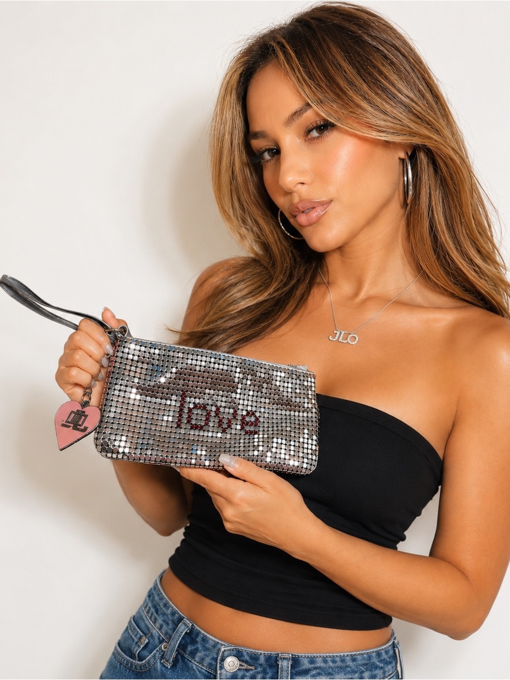 JLo Y2K‎ Jennifer Lopez Silver Metallic LOVE Wristlet Bag Clutch